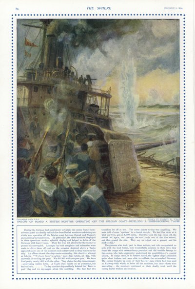 Sailors on board a British monitor off the Belgian coast repelling a bomb-dropping German taube aircraft, World War I by Charles William Wyllie